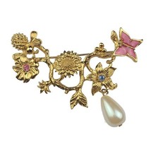 Vintage Avon Garden of Eden Pin Brooch Butterfly Faux Pearl Dangle Ename... - £6.80 GBP