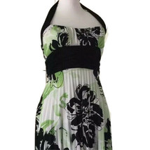 Floral Halter Pleated Party Cocktail Lined Dress Sz 3/5 Fit Flare Stretch - $24.74