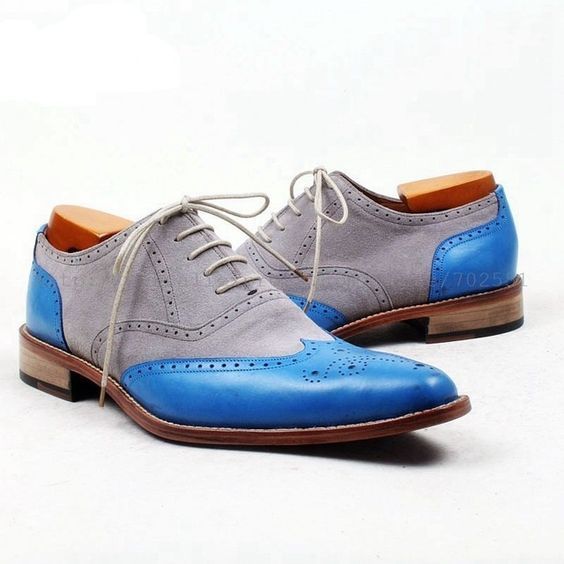 New Handmade men Calf Leather oxford gray and blue color shoes,Men spectator sho