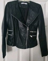NWOT Mango Black 100% Genuine Leather Zipper Moto Jacket Coat Size XS - £159.84 GBP