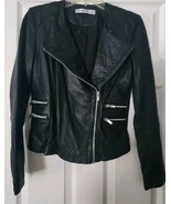 NWOT Mango Black 100% Genuine Leather Zipper Moto Jacket Coat Size XS - £158.03 GBP