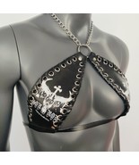 Gothic Punk White Skull Bull Head Print Black Vinyl Vampira Cross Top Bra - $56.00