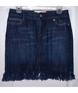 White House Black Market Blanc  Denim Blue Mini Skirt Sz. 6 Fringed Rhin... - £14.57 GBP