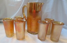 Jeanette  Marigold Tree Bark Carnival glass set Pitcher &amp; 6 tumblers - $75.00