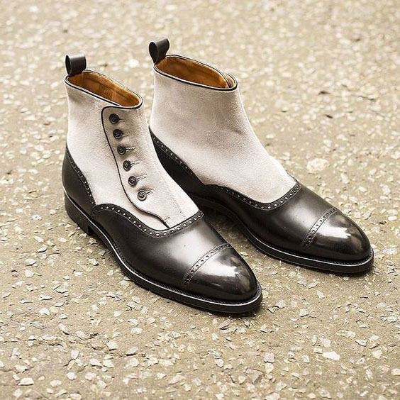 New Handmade Cream Suede Black Leather boot, Men's Button Cap Toe Ankle Fashion