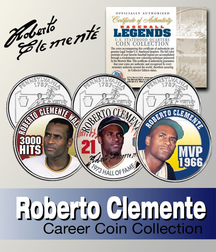 Baseball Legend ROBERTO CLEMENTE Statehood Quarter Colorized 3-Coin Set LICENSED - £11.67 GBP