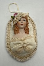 Vintage Porcelain Doll Head Christmas Ornament Victoria Style Lace Beige 5&quot; - £13.39 GBP