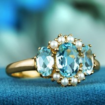 Natural Blue Topaz and Pearl Vintage Style Three Stone Ring in Solid 9K Gold - £359.26 GBP
