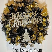 Black &amp; Gold Merry Christmas Tree Ribbon Door Wreath Handmade 22 ins LED... - £55.47 GBP