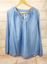 Chambray Peasant Boho Denim Lyocell women Top Long Sleeve Blouse V Neck Large - £23.84 GBP