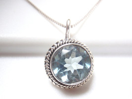 Faceted Blue Topaz 925 Sterling Silver Necklace with Rope Style Perimeter Small - £13.01 GBP