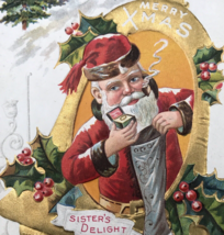 1910 Jaeger Santa Clause in Golden Bell A Merry XMas Greetings Embossed Postcard - £11.05 GBP