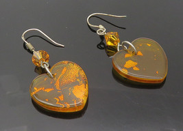 925 Sterling Silver - Vintage Amber Love Heart Motif Dangle Earrings - EG5621 - £24.70 GBP