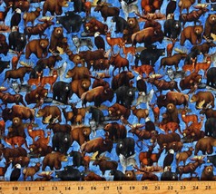 Cotton Northwoods Animals Bears Moose Blue Fabric Print By The Yard D187.03 - £25.57 GBP