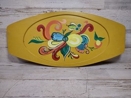 Vintage Hand Painted Folk Art Wood Tray Wall Hanging Mustard Yellow Floral Decor - £13.19 GBP