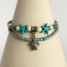 Starfish and Turtle Beaded Bracelet – Silver, Turquoise, and White Beads – Beach - $17.67 CAD