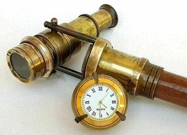 Vintage Telescope Solid Brass With Walking Working Stick Cane Walking Clock - £49.03 GBP