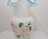 Vintage Art Glass Vase White Swirl  Opalscence Pink Rose Blue Ruffled Rim - $87.11