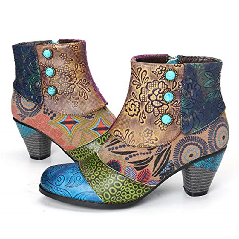 G printed ankle boots for women shoes female pu leather retro block high heels bohemian thumb200