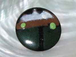 Vintage Large Green Brown Black &amp; White Enameled Metal MODERNIST Circle Pendant - $10.39