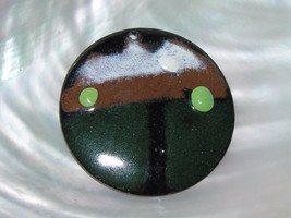 Vintage Large Green Brown Black &amp; White Enameled Metal MODERNIST Circle Pendant - £7.80 GBP