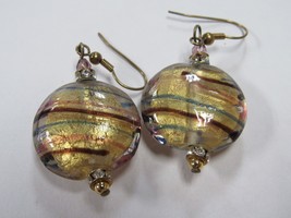 Vintage Italian Murano Glass Bead Dangle Earrings 1.5&quot; Clear &amp; Gold NICE! - £15.56 GBP