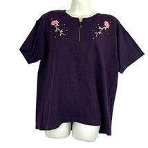 VTG Purple 1/4 Zip Top LARGE Floral Embroidered Rhinestones Cactus Calif... - £14.33 GBP