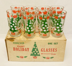 Vintage Hazel Atlas Merry Christmas Happy New Year holiday glasses set of 8 - £28.11 GBP