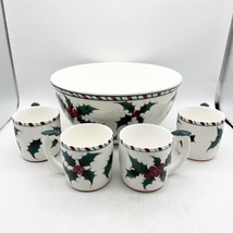 Lefton Christmas Punch Bowl W 4 Mugs Holly Candy Cane Rim Hand-painted W Sticker - £78.75 GBP