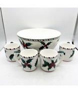 Lefton Christmas Punch Bowl W 4 Mugs Holly Candy Cane Rim Hand-painted W... - £78.44 GBP