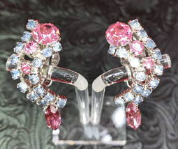Vintage Pink And Blue Rhinestone Silver Tone Clip On Earrings Well Made Unmarked - £16.52 GBP
