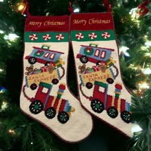 VTG Christmas Red Green Stocking 20&quot; Needlepoint Handmade Santa Train Express - £39.69 GBP