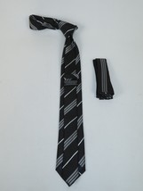 Mens Narrow Tie/Hankie Set Woven Vito Rofolo VTR-107 Black White Stripe image 2