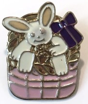 Vintage Easter Brooch Pin Bunny Rabbit in Basket Enamel &amp; Gold Tone - £9.42 GBP