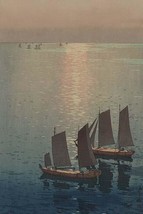 Dusk blankets a still lake over Sailboats - $19.97