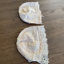 Irish Lace Silk Baby Doll Bonnet Infant Hat Cap Handmade Crochet Lot of 2 Vtg - £38.24 GBP