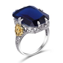 Sapphire Ring With Flower GolWomen Korean Rings Real 925 Sterling Silver Wedding - £41.51 GBP