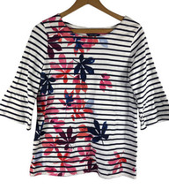 Joules Shirt Knit Top US 8 / UK 12 Stripe 3/4 Sleeve Floral White Blue Pink - £29.82 GBP
