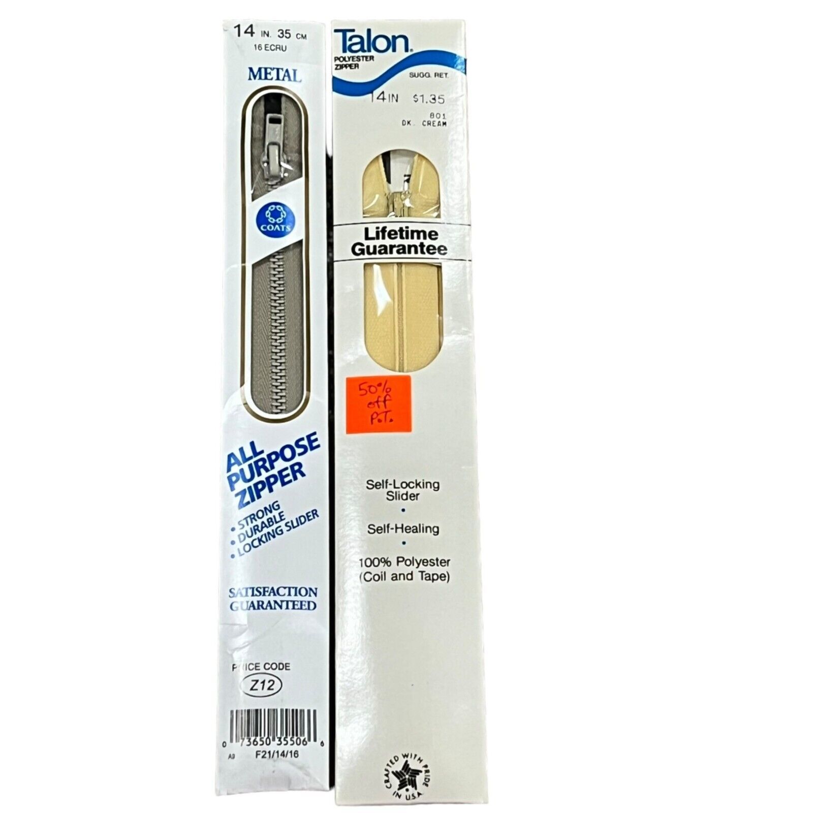 Coats &amp; Talon Vintage Metal &amp; Polyester Zippers - 14 Inches Ecru &amp; Cream... - $4.80