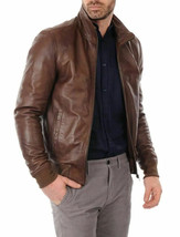Pure Lambskin Leather Men Stylish Brown Bomber Jacket High-Quality New Handmade - £84.40 GBP+