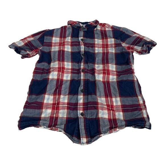 Old Navy M Regular Mens Red/Blue Plaid Short Sleeve Cotton Button-Up Shirt - $14.00