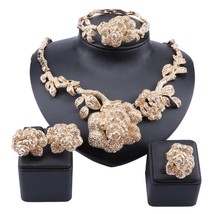 Women Luxury Dubai Gold Color Rose Flower Crystal Necklace Earring Ring Bracelet - £27.47 GBP