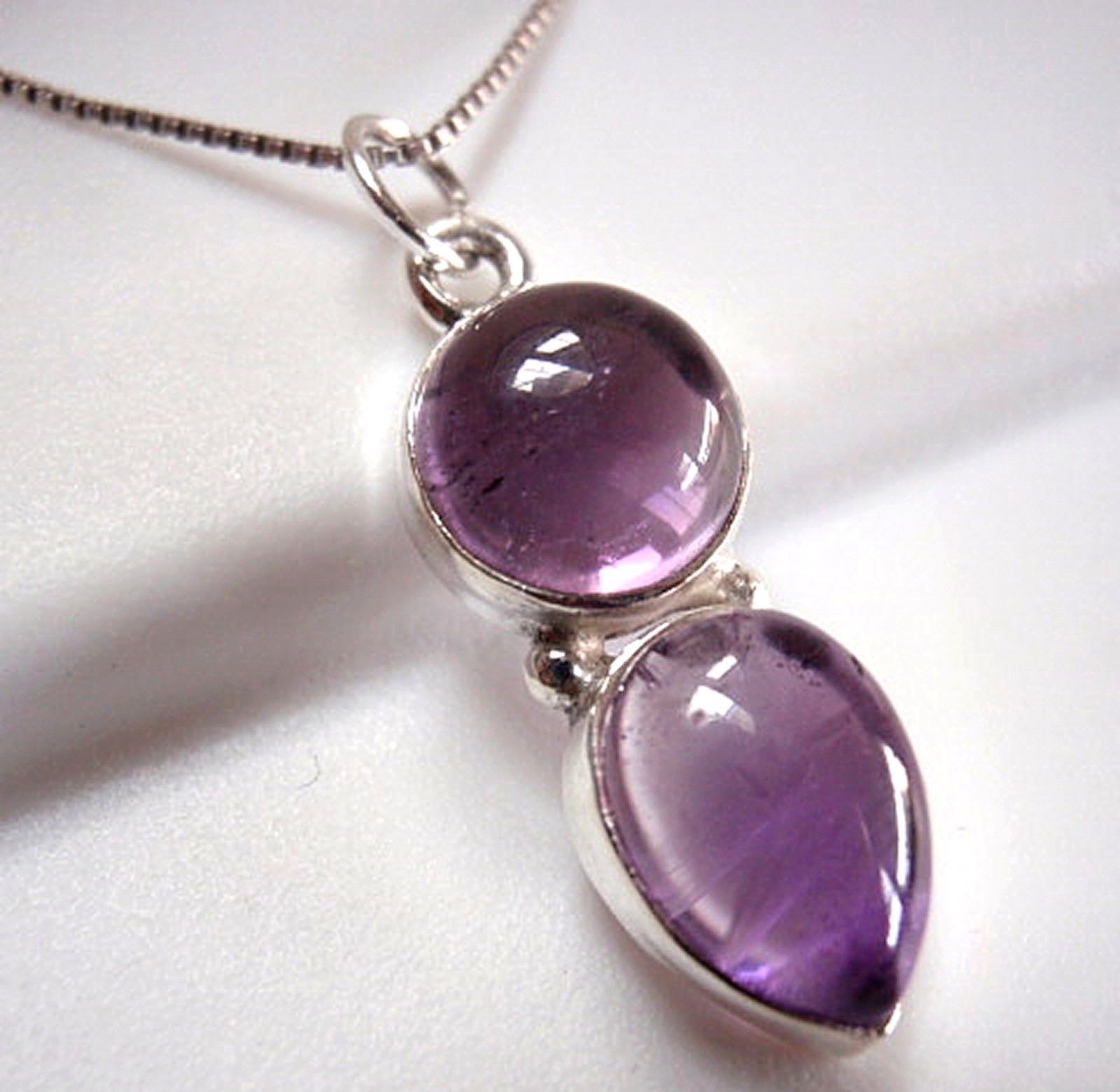 Primary image for Amethyst Double Gem 925 Sterling Silver Necklace Round Teardrop New
