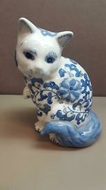 Vintage Ceramic Cat Figurine White Porcelain With Blue Floral Statuette Stamped - £19.46 GBP