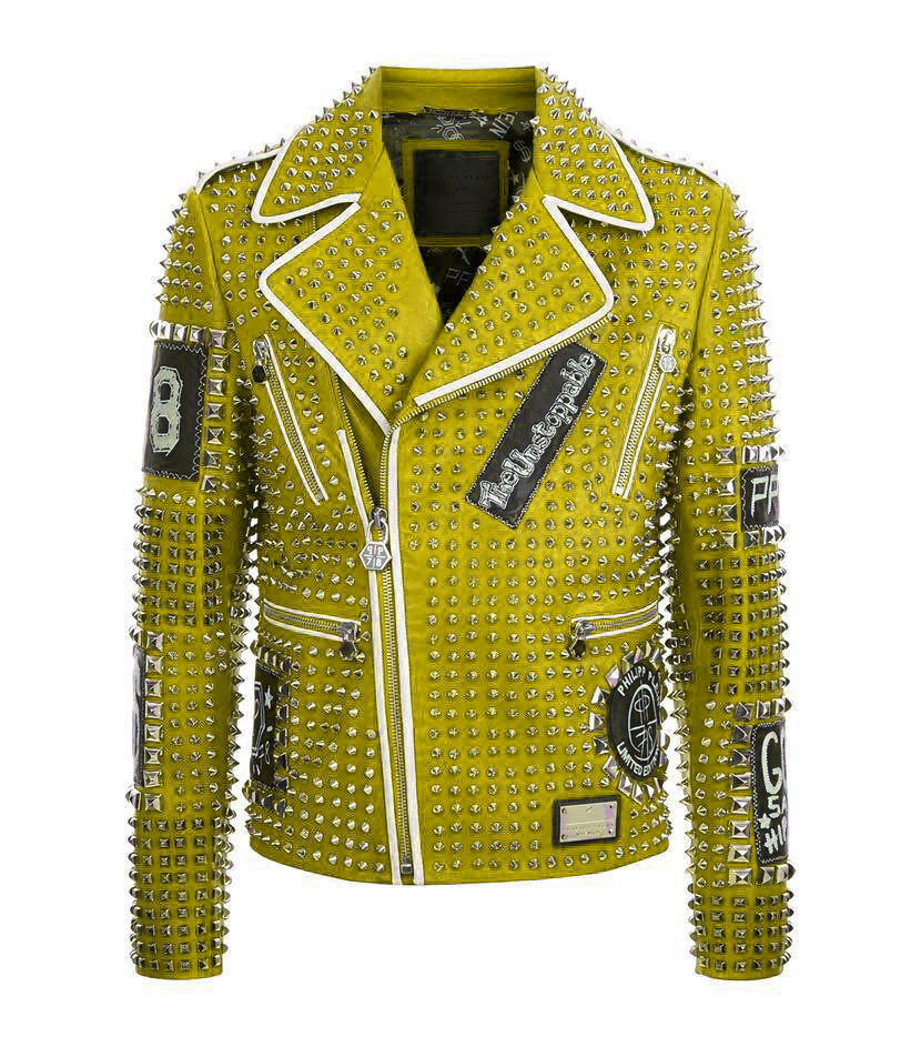 Men Yellow PHILIPP PLEIN Leather Coat Full Studded Embroidery Patches Jacket PP