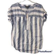 Woman&#39;s Ellen Tracy 100% Linen Blue and White Striped Short Sleeve Blouse Size S - £15.67 GBP