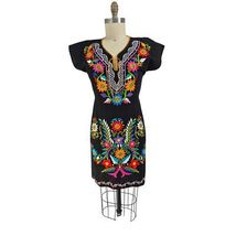 Embroidered black cotton Festival shift dress colorful floral Sz. Med  - $944.24 MXN