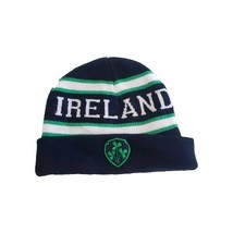Knitted Navy Beanie Hat w Ireland Lettering And Embroidered Shamrock Crest - $12.86