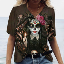 Dia de los muertos skull gothic steampunk Women&#39;s T Shirt Tops V Neck Ca... - $9.99