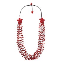 Long Double Synthetic Coral Flowers and Stone Nuggets Necklace - £25.02 GBP